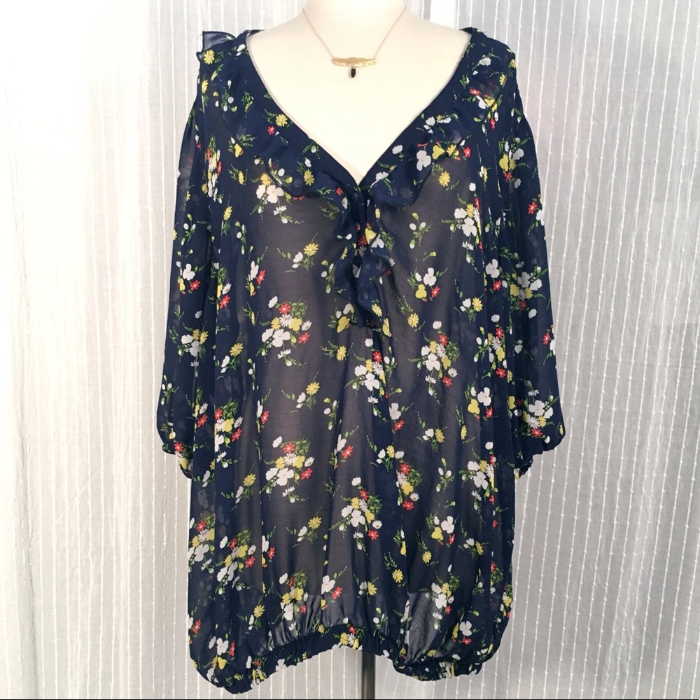 Torrid Flowy Floral Dark Blue Sheer Blouse